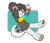Size: 1314x1135 | Tagged: safe, artist:aseethe, oc, oc only, oc:vivi (aseethe), australian shepherd, canine, dog, mammal, anthro, abstract background, bottomwear, cherry, clothes, cupcake, eyes closed, female, floppy ears, fluff, food, frosting, fruit, fur, gray body, gray fur, gray hair, hair, holding object, hoodie, open mouth, pants, paws, rainbow clothes, smiling, solo, solo female, spots, striped tail, stripes, tail, tail fluff, topwear, white body, white fur