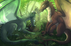 Size: 1422x920 | Tagged: safe, artist:theroguez, dragon, fictional species, reptile, scaled dragon, feral, female, forest, grass, group, male, spines, tree, webbed wings, wings, young