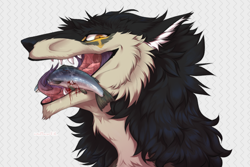 Size: 2829x1887 | Tagged: safe, artist:lemas, fictional species, fish, mammal, salmon, sergal, anthro, feral, ambiguous gender, blood, carnivore, duo, food chain, male, open mouth, predation, predator, prey, saliva, the circle of life