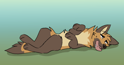 Size: 1102x578 | Tagged: safe, artist:theroguez, oc, oc only, oc:rayj (theroguez), canine, coydog, coyote, dog, hybrid, mammal, feral, gradient background, lying down, on back, solo, tired, tongue, tongue out