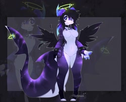 Size: 1280x1035 | Tagged: suggestive, artist:teranen, dragon, fictional species, fish, shark, anthro, digitigrade anthro, 2018, abstract background, adoptable, aquatic, belly, belly button, black feathers, black hair, breasts, claws, collar, cute, ears, ears laid back, fangs, feathered wings, feathers, female, fins, front view, glowing, hair, halo, horns, looking at something, paws, purple body, raised tail, sharp teeth, signature, solo, solo female, spiked bracelet, spiked collar, spread wings, standing, tail, teeth, wings