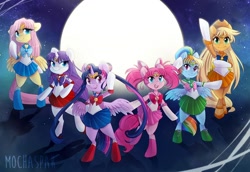 Size: 1000x688 | Tagged: safe, artist:mochaspar, applejack (mlp), chibiusa tsukino (sailor moon), fluttershy (mlp), pinkie pie (mlp), rainbow dash (mlp), rarity (mlp), sailor jupiter (sailor moon), sailor mars (sailor moon), sailor mercury (sailor moon), sailor venus (sailor moon), twilight sparkle (mlp), usagi tsukino (sailor moon), alicorn, earth pony, equine, fictional species, mammal, pegasus, pony, unicorn, anthro, unguligrade anthro, friendship is magic, hasbro, my little pony, sailor moon, anthrofied, bottomwear, clothes, cosplay, crossover, cute, female, females only, hooves, mane six (mlp), mare, skirt