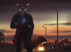 Size: 1091x800 | Tagged: safe, artist:koul, oc, oc only, oc:scott (scottthefox94), canine, fox, mammal, red fox, anthro, 2020, blue eyes, blurred background, bottomwear, building, cell phone, cheek fluff, city, clothes, digital art, fluff, front view, fur, hand hold, hand in pocket, holding, jacket, lights, looking at something, looking down, male, neck fluff, orange body, orange fur, pants, phone, shirt, smartphone, solo, solo male, street, tail, tail fluff, topwear, twilight, whiskers, white body, white fur
