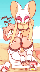Size: 500x900 | Tagged: suggestive, artist:diives, amy rose (sonic), rouge the bat (sonic), bat, hedgehog, mammal, anthro, plantigrade anthro, sega, sonic the hedgehog (series), 2018, 2d, 2d animation, all fours, angry, animated, annoyed, beach, bent over, big ears, bikini, bikini bottom, bikini top, blushing, breasts, butt, butt slap, cleavage, clothes, dialogue, digital art, duo, duo female, ears, english, fangs, female, female/female, frame by frame, gif, green eyes, hand on butt, hand on hip, hanging breasts, legwear, massage, on towel, open mouth, open smile, outdoors, rear view, sand, sandals, sharp teeth, shoes, short tail, smiling, spank, sunscreen, swimsuit, tail, talking, teeth, text, thigh highs, toeless legwear, tongue, towel, water