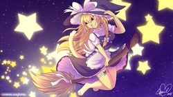 Size: 1280x720 | Tagged: safe, artist:eipril, marisa kirisame (touhou), cat, feline, mammal, anthro, touhou, 16:9, 2018, 2d, anthrofied, bottomwear, broom, clothes, cute, digital art, female, furrified, hat, skirt, solo, solo female, species swap, starry night, starry sky, witch, witch hat
