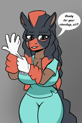 Size: 600x900 | Tagged: safe, artist:lemondude16, fictional species, mammal, mudsdale, anthro, nintendo, pokémon, anthrofied, big breasts, breasts, cleavage, clothes, dialogue, english, female, gloves, id card, looking at you, nurse, nurse outfit, simple background, smiling, smiling at you, solo, solo female, tail, talking, talking to viewer