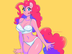 Size: 4000x3000 | Tagged: safe, artist:kaikururu, pinkie pie (mlp), earth pony, equine, fictional species, mammal, pony, anthro, friendship is magic, hasbro, my little pony, anthrofied, big breasts, bikini, blue eyes, bra, breasts, cleavage, clothes, female, looking at you, panties, simple background, smiling, solo, solo female, swimsuit, tongue, tongue out, underwear