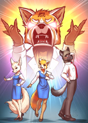 Size: 1800x2520 | Tagged: safe, artist:mykegreywolf, fenneko (aggretsuko), haida (aggretsuko), retsuko (aggretsuko), canine, fennec fox, fox, hyena, mammal, red panda, anthro, aggretsuko, sanrio, angry, arms behind head, blushing, breasts, cell phone, clothes, ears, eyelashes, fangs, female, fluff, fur, hand on hip, heavy metal, holding, male, necktie, open mouth, paper, phone, rage, sharp teeth, shoes, smartphone, sweat, tail, teeth, tongue, vixen