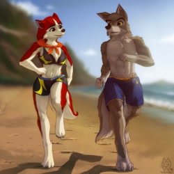 Size: 1280x1280 | Tagged: safe, artist:mykegreywolf, balto (balto), jenna (balto), canine, dog, husky, hybrid, mammal, wolf, wolfdog, anthro, digitigrade anthro, balto (series), universal pictures, 2016, abs, armpits, bandanna, beach, belly button, black nose, bottomwear, breasts, brown body, brown eyes, brown fur, clothes, digital art, duo, ears, eyelashes, fangs, female, fluff, fur, jogging, male, male/female, multicolored fur, muscles, ocean, open mouth, red body, red fur, running, sand, sharp teeth, shipping, shorts, shoulder fluff, sports bra, sports shorts, tail, teeth, thighs, tongue, topwear, two toned body, two toned fur, water, white body, white fur, wide hips, yellow eyes