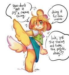 Size: 854x927 | Tagged: suggestive, artist:panken, isabelle (animal crossing), canine, dog, mammal, shih tzu, anthro, plantigrade anthro, animal crossing, nintendo, barefoot, belly button, blushing, bottomwear, clothes, dialogue, embarrassed, embarrassed underwear exposure, female, fur, looking at you, meme, on one leg, one leg raised, panties, paws, raised leg, shirt, signature, simple background, skirt, solo, solo female, speech bubble, standing split, sweat, tail, talking, topwear, trembling, underwear, upskirt, vest, white background, yellow body, yellow fur