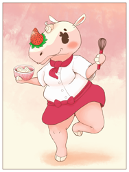 Size: 750x1000 | Tagged: safe, artist:oakley, merengue (animal crossing), mammal, rhino, anthro, unguligrade anthro, animal crossing, nintendo, 2d, berry, blushing, bottomwear, bowl, chef, clothes, cloven hooves, dot eyes, female, food, fruit, holding object, hooves, horn, looking at you, meringue, on one leg, shirt, skirt, slightly chubby, smiling, solo, solo female, topwear, ungulate, whisk