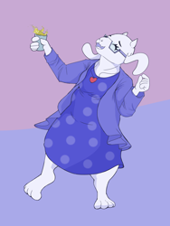 Size: 900x1200 | Tagged: safe, artist:oakley, toriel (undertale), bovid, fictional species, goat, mammal, monster, anthro, deltarune, undertale, clothes, cup, dress, drink, eyes closed, fangs, female, floppy ears, glasses, holding object, horns, jacket, mature, mature female, open mouth, pendant, sharp teeth, slightly chubby, smiling, solo, solo female, teeth, topwear