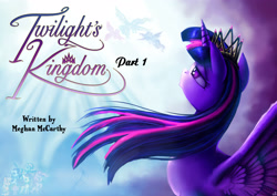 Size: 3508x2480 | Tagged: safe, artist:jowybean, applejack (mlp), discord (mlp), fluttershy (mlp), pinkie pie (mlp), princess cadence (mlp), princess celestia (mlp), princess luna (mlp), rainbow dash (mlp), rarity (mlp), spike (mlp), twilight sparkle (mlp), alicorn, dragon, earth pony, equine, fictional species, mammal, pegasus, pony, unicorn, feral, semi-anthro, friendship is magic, hasbro, my little pony, spoiler:twilight's kingdom (mlp:fim), alicorn tetrarchy, female, female focus, high res, mane six (mlp), mare, solo focus, title card