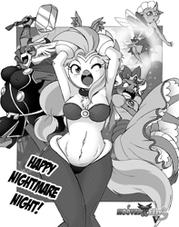 Size: 1500x1906 | Tagged: suggestive, artist:boastudio, ocellus (mlp), princess peach (mario), shantae (shantae), silverstream (mlp), smolder (mlp), tinkerbell (peter pan), yona (mlp), arthropod, bird, changedling, changeling, dragon, equine, fictional species, genie, hippogriff, mammal, western dragon, yak, anthro, plantigrade anthro, comic:hooves & fins, disney, friendship is magic, hasbro, mario (series), marvel, my little pony, nintendo, peter pan (disney franchise), shantae (series), anthrofied, belly button, blushing, breasts, butt, chest fluff, clothes, comic, cosplay, costume, crossover, crown, female, females only, fluff, grayscale, halloween, halloween costume, holiday, jewelry, midriff, monochrome, nipple outline, one eye closed, open mouth, panties, regalia, slightly chubby, thor (marvel), underwear