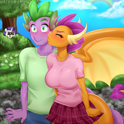 Size: 3000x3000 | Tagged: safe, artist:kaikururu, rarity (mlp), smolder (mlp), spike (mlp), dragon, equine, fictional species, mammal, pony, unicorn, western dragon, anthro, friendship is magic, hasbro, my little pony, 2020, age difference, binoculars, blood, breasts, bush, curved horn, digital art, dragoness, duo focus, eyes closed, fangs, female, high res, horn, kissing, male, male/female, mare, nosebleed, sharp teeth, shipping, smiling, spolder (mlp), spying, surprise kiss, teeth, tree, wide eyes