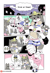 Size: 1300x1900 | Tagged: safe, artist:shepherd0821, anubis, jason voorhees (friday the 13th), canine, dog, fictional species, human, mammal, werewolf, anthro, modern mogal, animal crossing, disney, friday the 13th, nintendo, belly button, broom, clothes, costume, crop top, dog ears, female, halloween, halloween costume, hat, holiday, male, midriff, mummy, tail, topwear, wizard hat