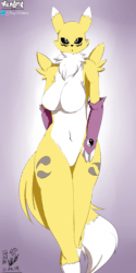 Size: 600x1200 | Tagged: suggestive, artist:viejillox, fictional species, renamon, anthro, digimon, 2d, 2d animation, animated, belly button, black nose, black sclera, bouncing breasts, breasts, colored sclera, digital art, featureless breasts, featureless crotch, female, fluff, fur, gif, looking at you, multicolored fur, neck fluff, simple background, solo, solo female, tail, thighs, two toned body, two toned fur, walking, white body, white fur, wide hips, yellow body, yellow fur
