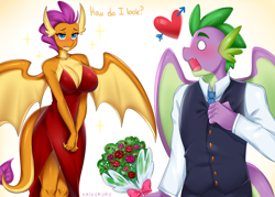 Size: 3500x2500 | Tagged: suggestive, artist:kaikururu, smolder (mlp), spike (mlp), dragon, fictional species, western dragon, anthro, friendship is magic, hasbro, my little pony, 2020, age difference, big breasts, blue eyes, blushing, breasts, cleavage, clothes, dialogue, dragoness, dress, fangs, female, flower, fluff, heart, high res, huge breasts, lidded eyes, male, male/female, older, open mouth, orange scales, pale belly, purple scales, scales, sharp teeth, shipping, slit pupils, spolder (mlp), tail, tail fluff, talking, teeth