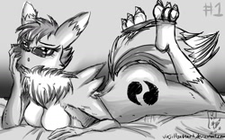 Size: 1040x650 | Tagged: suggestive, artist:viejillox, fictional species, renamon, anthro, digitigrade anthro, digimon, bed, black nose, breasts, butt, digital art, ears, female, fluff, fur, glasses, hair, looking at you, lying down, lying on bed, monochrome, multicolored fur, neck fluff, nudity, pose, solo, solo female, tail, thighs, two toned body, two toned fur, white body, white fur, wide hips, yellow body, yellow fur