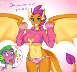 Size: 4000x3747 | Tagged: suggestive, artist:kaikururu, smolder (mlp), spike (mlp), dragon, fictional species, western dragon, anthro, friendship is magic, hasbro, my little pony, 2020, belly button, blue eyes, blushing, breasts, clothes, dragoness, exclamation point, female, female focus, heart, high res, hoodie, male, male/female, midriff, older, orange scales, pale belly, panties, pink underwear, question, ribbon, scales, shipping, slit pupils, solo focus, spolder (mlp), spread wings, striped clothes, striped panties, striped underwear, tail, tail tuft, topwear, underboob, underwear, wings