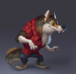 Size: 716x700 | Tagged: safe, artist:silverfox5213, canine, fictional species, mammal, werewolf, anthro, plantigrade anthro, 2020, barefoot, black nose, bottomwear, brown body, brown fur, chequered, chest fluff, claws, clothes, colored sclera, digital art, fangs, fluff, front view, fur, gradient background, looking at something, male, pants, paws, sharp teeth, shirt, solo, solo male, tail, tail fluff, teeth, three-quarter view, topwear, watermark, whiskers, white body, white fur, yellow sclera