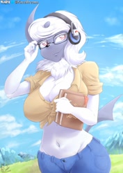 Size: 906x1280 | Tagged: safe, artist:viejillox, oc, oc:cassie (viejillox), absol, fictional species, mammal, anthro, nintendo, pokémon, belly button, big breasts, book, bottomwear, breasts, chest fluff, clothes, crop top, female, fluff, fur, glasses, hair, red eyes, shorts, solo, solo female, topwear, white body, white fur, white hair