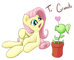 Size: 1270x1024 | Tagged: dead source, safe, artist:solipsus, fluttershy (mlp), animate plant, equine, fictional species, mammal, peashooter, pegasus, pony, feral, friendship is magic, hasbro, my little pony, plants vs zombies, popcap games, ambiguous gender, crossover, cute, duo, female, heart, looking at each other, mare, plant