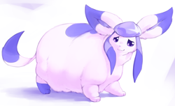 Size: 1782x1082 | Tagged: safe, artist:veiukket, oc, oc only, oc:weich, eeveelution, fictional species, glaceon, feral, nintendo, pokémon, abstract background, ambiguous gender, fat, fat fetish, looking at you, obese, smiling, solo, solo ambiguous
