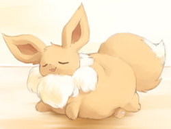 Size: 837x630 | Tagged: safe, artist:veiukket, eevee, eeveelution, fictional species, feral, nintendo, pokémon, ambiguous gender, eyes closed, fat, obese, sleeping, smiling, solo, solo ambiguous