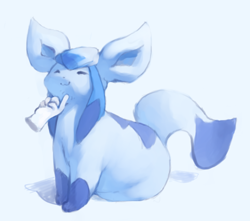 Size: 620x549 | Tagged: safe, artist:veiukket, eeveelution, fictional species, glaceon, feral, nintendo, pokémon, chin scritches, disembodied hand, duo, duo ambiguous, eyes closed, fat, overweight, simple background, smiling, white background