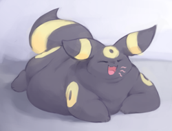 Size: 975x743 | Tagged: safe, artist:veiukket, eeveelution, fictional species, umbreon, feral, nintendo, pokémon, ambiguous gender, eyes closed, fat, obese, open mouth, smiling, solo, solo ambiguous, yawning