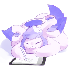 Size: 967x892 | Tagged: safe, artist:veiukket, oc, oc only, oc:weich, eeveelution, fictional species, glaceon, feral, nintendo, pokémon, ambiguous gender, drawing, eyes closed, fat, ipad, lying down, obese, prone, simple background, smiling, solo, solo ambiguous, white background