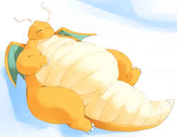 Size: 2333x1814 | Tagged: safe, artist:veiukket, dragonite, fictional species, feral, nintendo, pokémon, ambiguous gender, belly, big belly, eyes closed, fat, obese, smiling, solo, solo ambiguous