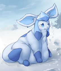 Size: 905x1050 | Tagged: safe, artist:veiukket, eeveelution, fictional species, glaceon, feral, nintendo, pokémon, ambiguous gender, blushing, fat, obese, sitting, snow, solo, solo ambiguous