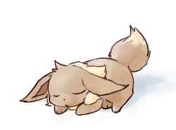 Size: 514x380 | Tagged: safe, artist:veiukket, eevee, eeveelution, fictional species, feral, nintendo, pokémon, ambiguous gender, eyes closed, low res, sleeping, solo, solo ambiguous