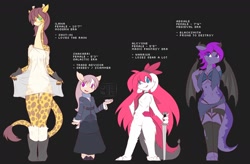 Size: 1600x1050 | Tagged: species needed, safe, artist:nyaseiru, oc, oc only, oc:aegaile (nyaseiru), oc:alcyone (nyaseiru), oc:ilana (nyaseiru), oc:shakarri (nyaseiru), dragon, fictional species, giraffe, mammal, anthro, digitigrade anthro, plantigrade anthro, unguligrade anthro, 2017, boots, breasts, chest fluff, clothes, dress, eye through hair, eyebrow through hair, eyebrows, female, females only, fingerless gloves, fluff, gloves, gray background, hair, hologram, hooves, leg warmers, legwear, looking at you, open mouth, see-through, shoes, simple background, size comparison, smiling, sword, toeless legwear, ungulate, weapon
