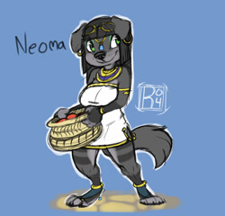 Size: 1200x1152 | Tagged: safe, artist:reign-2004, oc, oc only, oc:neoma (reign-2004), canine, dog, mammal, mutt, anthro, digitigrade anthro, 2014, basket, blue background, clothes, egyptian, female, jewelry, paws, simple background, smiling, solo, solo female