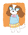 Size: 649x800 | Tagged: safe, artist:badcactus, nameless oc, oc, oc only, canine, dog, mammal, anthro, abstract background, barefoot, bottomwear, bow, brown body, brown fur, clothes, cute, ear fluff, ears, female, fluff, fur, glasses, hands behind back, leg fluff, orange body, orange fur, paws, simple background, skirt, smiling, solo, solo female, sweater, tail, topwear, white background, white body, white fur