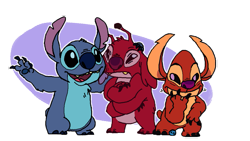 Size: 1061x597 | Tagged: safe, artist:instantlymoist, experiment 627 (lilo & stitch), leroy (lilo & stitch), stitch (lilo & stitch), alien, experiment (lilo & stitch), fictional species, semi-anthro, disney, lilo & stitch, 4 arms, 4 fingers, antennae, black claws, black eyes, blue claws, blue nose, blue paw pads, claws, crossed arms, digital art, ears, experiment pod, frowning, fur, giggling, group, grumpy, hand on head, head fluff, male, males only, narrowed eyes, open mouth, open smile, partially transparent background, purple nose, red body, red fur, red nose, short tail, smiling, tail, torn ear, transparent background, trio, trio male