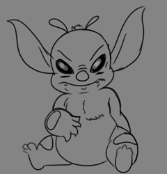 Size: 827x860 | Tagged: safe, artist:kajabuubuu, bonnie (lilo & stitch), alien, experiment (lilo & stitch), fictional species, semi-anthro, disney, lilo & stitch, 2020, 3 fingers, 4 fingers, antennae, arm marking, body markings, fat, frowning, fur, grayscale, leg marking, looking at you, monochrome, overweight, sitting, sketch, solo