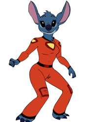 Size: 600x800 | Tagged: safe, anonymous artist, stitch (lilo & stitch), alien, experiment (lilo & stitch), fictional species, anthro, disney, lilo & stitch, anthrofied, black eyes, blue body, blue fur, blue nose, clothes, female, fur, looking at you, mtf transgender, simple background, smiling, solo, solo female, spacesuit, transgender, white background