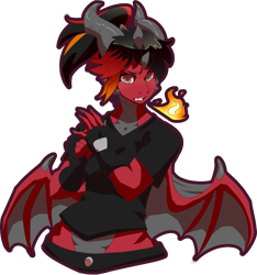 Size: 1199x1280 | Tagged: safe, artist:jennithedragon, nameless oc, oc, oc only, dragon, fictional species, western dragon, humanoid, gaia online, 2019, black hair, claws, clothes, colored pupils, female, fire, fire breathing, gloves, gray eyes, hair, horns, looking at you, multicolored hair, red body, shirt, simple background, solo, solo female, spikes, t-shirt, topwear, transparent background, wings