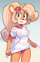 Size: 816x1249 | Tagged: suggestive, artist:wamudraws, coco bandicoot (crash bandicoot), bandicoot, mammal, marsupial, anthro, cc by-nc, crash bandicoot (series), creative commons, clothes, female, green eyes, looking at you, panties, see-through, shirt, solo, solo female, topwear, underwear, wet, wet shirt