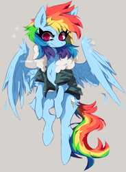 Size: 1651x2244 | Tagged: safe, artist:hoshmyposhes, artist:hoshposh, rainbow dash (mlp), equine, fictional species, mammal, pegasus, pony, feral, friendship is magic, hasbro, my little pony, 2020, bomber jacket, chest fluff, clothes, coat, feather, feathered wings, feathers, female, fluff, flying, gray background, hair, jacket, looking at you, mane, mare, purple eyes, rainbow hair, rainbow mane, rainbow tail, simple background, smiling, solo, solo female, spread wings, tail, topwear, wings