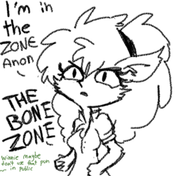 Size: 1280x1280 | Tagged: safe, artist:tjpones, winnie werewolf (scooby-doo), canine, fictional species, mammal, werewolf, anthro, hanna-barbera, scooby-doo (franchise), scooby-doo and the ghoul school, accidental innuendo, black and white, cheek fluff, chest fluff, clothes, dialogue, female, fluff, grayscale, innuendo, monochrome, offscreen character, shirt, simple background, solo, solo female, talking, topwear, white background