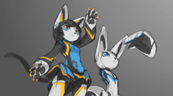Size: 1440x800 | Tagged: safe, artist:tysontan, oc, oc only, oc:alice rosetta, oc:cloud white, android, cat, feline, lagomorph, mammal, rabbit, robot, anthro, cc by-sa, creative commons, big hands, black hair, blue eyes, clothes, female, fur, gradient background, gray background, hair, male, multicolored eyes, paw pads, paws, simple background, two toned eyes, white body, white fur, yellow eyes