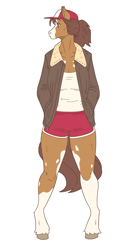 Size: 1226x2207 | Tagged: safe, artist:slightlysimian, oc, oc only, oc:rose (slightlysimian), equine, horse, mammal, anthro, unguligrade anthro, baseball cap, bottomwear, cap, clothes, female, hair, hands in pockets, hat, hooves, jacket, looking away, piebald colouring, ponytail, shorts, simple background, solo, solo female, tail, topwear, white background