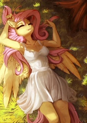 Size: 1980x2800 | Tagged: safe, artist:fidzfox, fluttershy (mlp), equine, fictional species, mammal, pegasus, pony, anthro, friendship is magic, hasbro, my little pony, anthrofied, armpits, breasts, cleavage, clothes, digital art, dress, eyelashes, eyes closed, feathered wings, feathers, female, fur, grass, hair, long hair, lying down, mare, on back, outdoors, pink hair, shadow, solo, solo female, spread wings, sundress, top view, wings, yellow body, yellow feathers, yellow fur