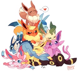 Size: 1024x933 | Tagged: safe, artist:suizilla, eevee, eeveelution, espeon, fictional species, flareon, glaceon, jolteon, leafeon, mammal, sylveon, umbreon, vaporeon, feral, nintendo, pokémon, 2013, 2d, :<, ambiguous gender, ambiguous only, biting, blue body, blue eyes, blushing, brown body, brown fur, cheek fluff, chest fluff, closed mouth, cream body, cream fur, cute, digital art, dipstick tail, emanata, eyes closed, fins, fish tail, fluff, frowning, fur, green body, group, happy, head fluff, heart, lying down, multicolored body, multicolored fur, on back, one eye closed, open mouth, orange body, orange fur, paw on face, paw pads, paws, pile, pink body, pink fur, prone, purple eyes, ribbons (body part), signature, simple background, smiling, speech bubble, standing, sweat, tail, tail bite, tail fluff, underpaw, white background, yellow body, yellow fur