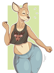 Size: 1173x1586 | Tagged: safe, artist:slightlysimian, oc, oc only, cervid, deer, mammal, anthro, unguligrade anthro, abstract background, bottomwear, clothes, crop top, dancing, eyes closed, female, hooves, jeans, pants, smiling, solo, solo female, tank top, thick thighs, thighs, topwear, wide hips